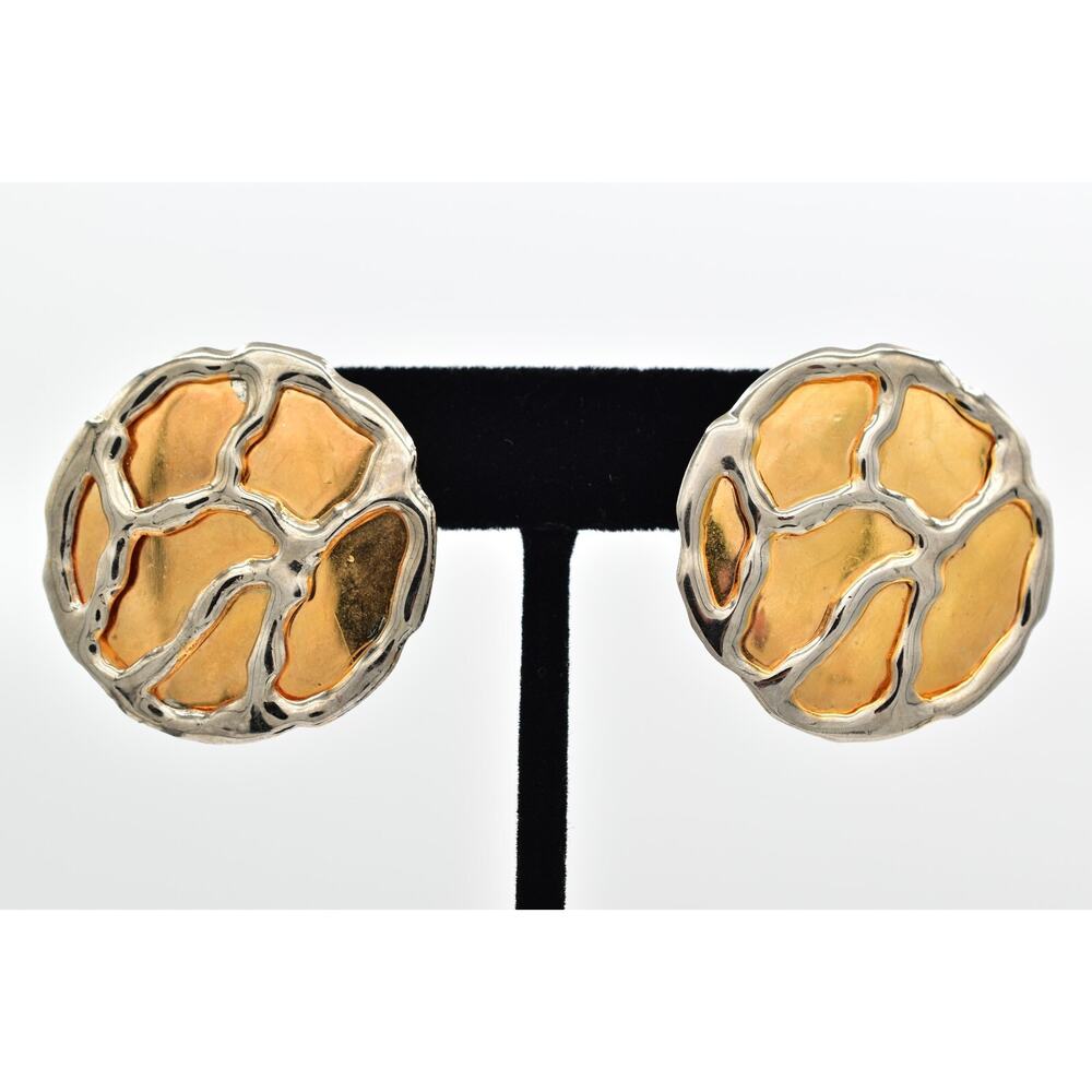 Vintage Brutalist Round Earrings Mixed Metal Gold Silver Heavy Chunky 80s BinBF
